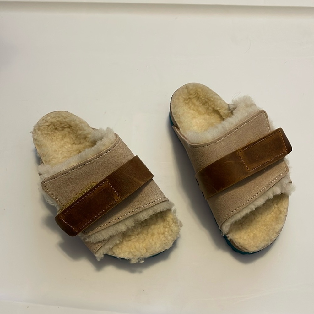 Birkenstock slides toddler Sherpa suede tan beige green nwot